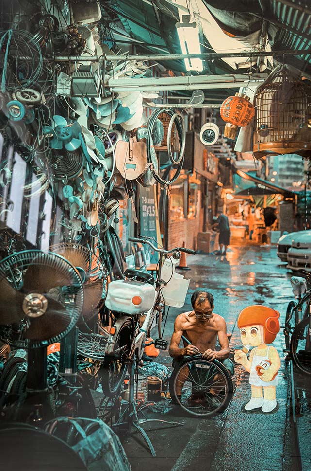 A chromoluxe metal print featuring a hand-painted character in an urban setting, with a bicycle repairman and a backdrop of buildings and a rain-soaked street.