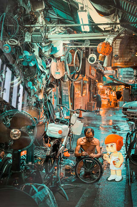 A chromoluxe metal print featuring a hand-painted character in an urban setting, with a bicycle repairman and a backdrop of buildings and a rain-soaked street.