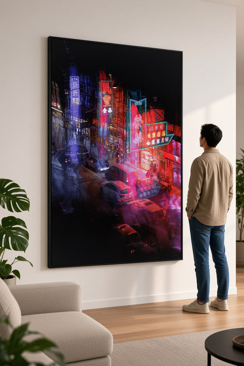 A man stands in a modern living room looking at a large framed wall art print depicting a vibrant neon-lit city street at night.